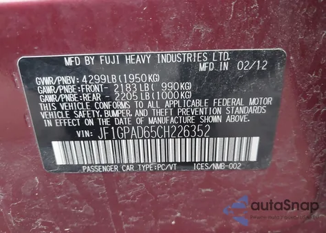 2012 Subaru Impreza 2.0I Premium from USA, damaged, VIN JF1GPAD65CH226352